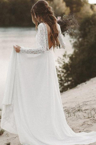Ivory Lace Long Sleeves Chiffon Wedding Dresses MW526 | Musebridals Ivory Lace Long Sleeves Chiffon Wedding Dresses MW526 | Musebridals