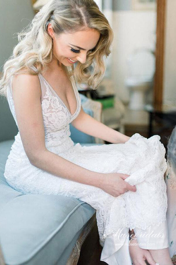 Ivory Lace Mermaid V-neck Beach Wedding Dresses MW689 | Musebridals Ivory Lace Mermaid V-neck Beach Wedding Dresses MW689 | Musebridals
