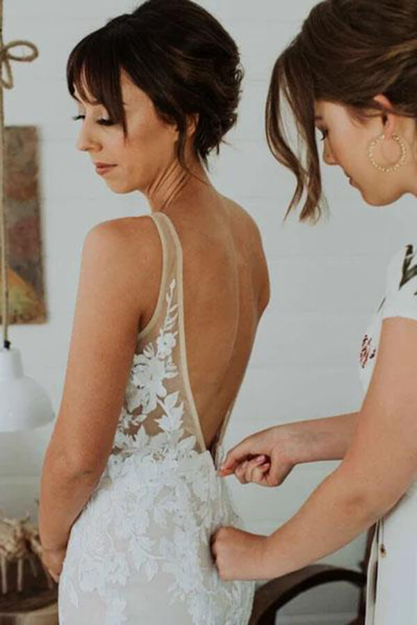 Ivory Lace Mermaid V-neck Beach Wedding Dresses, Appliqued Bridal Gown, MW616 | cheap lace wedding dresses | bridal outfit | wedding dresses near me | www.musebridals.com