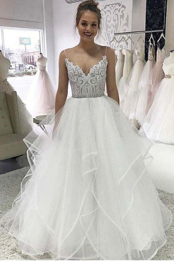Ivory Organza Spaghetti Straps Lace Appliqued Beach Wedding Dresses, MW598 | organza wedding dresses | beach wedding dresses online | bridal gowns | www.musebridals.com