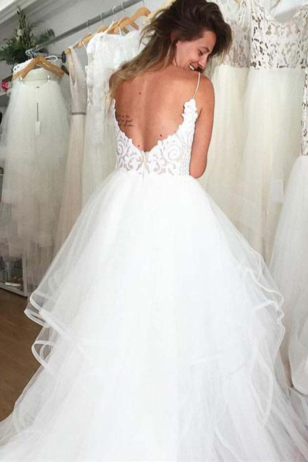 Ivory Organza Spaghetti Straps Lace Appliqued Beach Wedding Dresses, MW598 | ivory wedding dress | beach wedding dresses | lace wedding dresses | www.musebridals.com