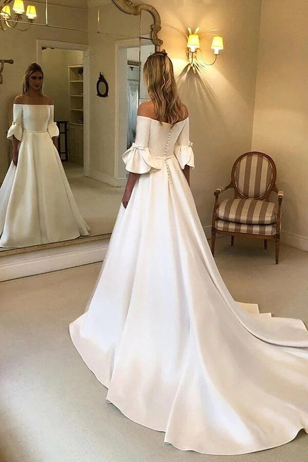 Ivory Satin A-line 3/4 Sleeves Off Shoulder Wedding Dresses with Pockets, MW663