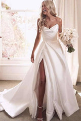 Ivory Satin A-line Strapless Court Train Wedding Dresses With Thigh ...