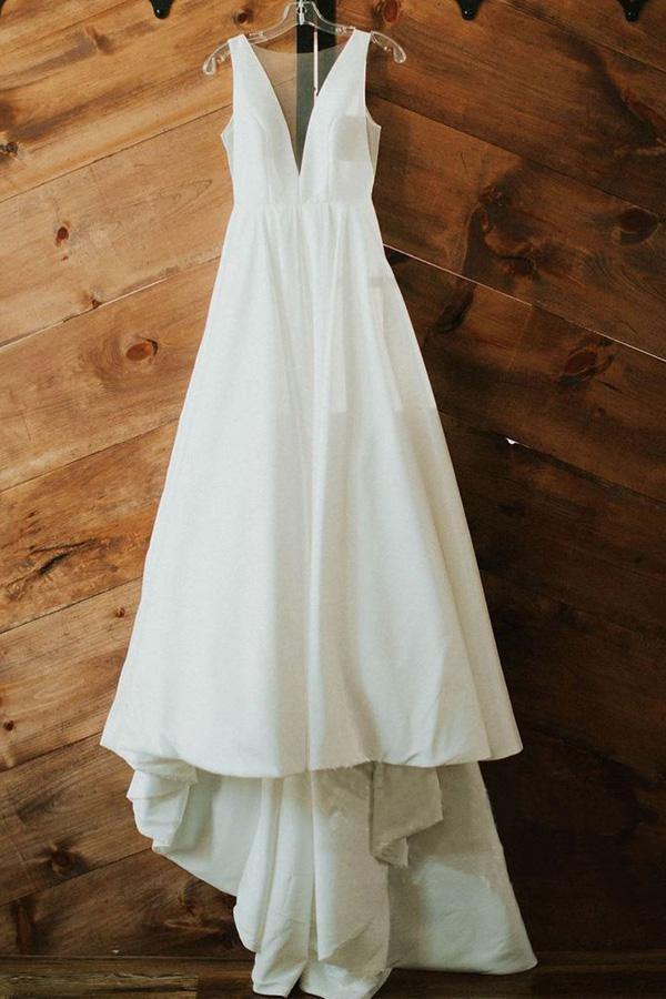 Ivory Satin Simple A-line V-neck Wedding Dresses MW545 | Musebridals Ivory Satin Simple A-line V-neck Wedding Dresses MW545 | Musebridals