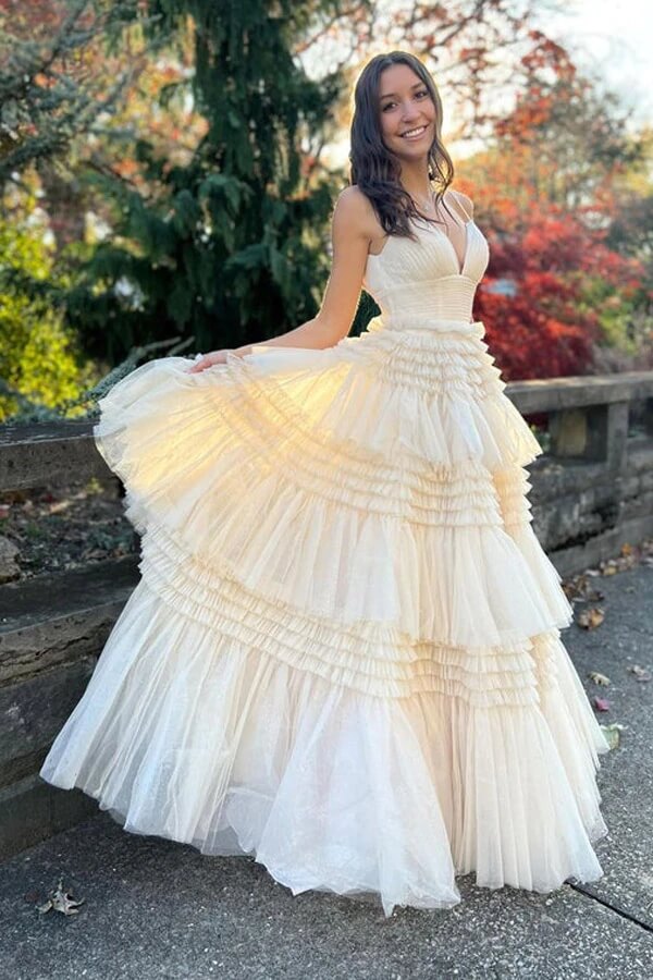 Ivory Tulle Ball Gown Spaghetti Straps Split Prom Dresses, Evening Gown, MP677 | vintage prom dress | long formal dresses | party dresses | www.musebridals.com