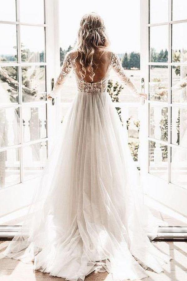 Lace Backless A-Line V-neck Long Sleeves Wedding Dresses, Bridal Dresses, MW552 | ivory lace wedding dress | cheap wedding dress | bridal gowns | bridal dress | www.musebridals.com