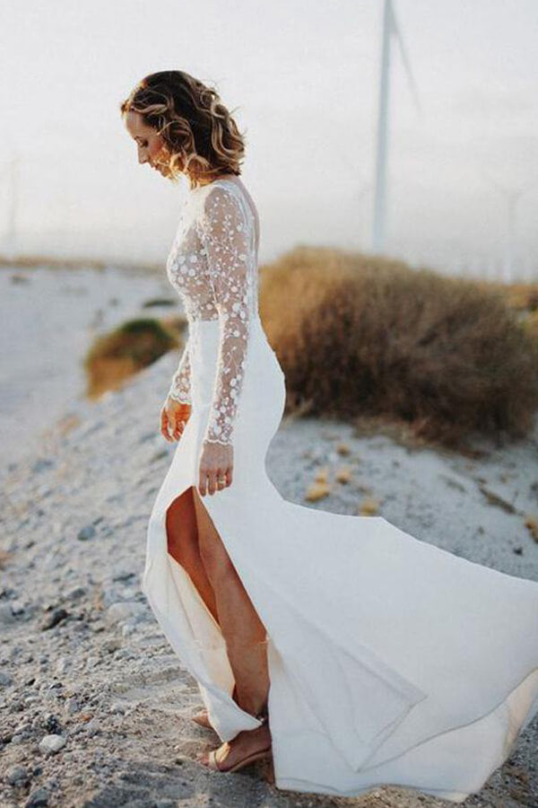 long sleeve wedding mermaid dresses Dress by Mary's Bridal MB4132 ABC Fashion Designed with intricate beaded lace and a long sleeve sheer backless silhouette Lace Scoop Mermaid Long Sleeves