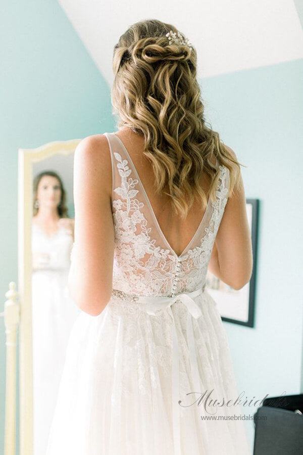 Lace Wedding Dresses with Court Train,Custom Made Wedding Gown,MW332 | a line wedding dresses | v neck wedding dresses | tulle lace wedding dresses | bridal gown | www.musebridals.com