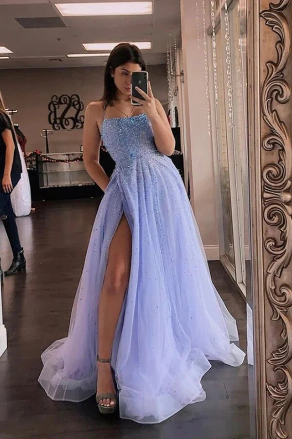 Lavender Tulle A-line Beaded Prom Dress With Slit MP803