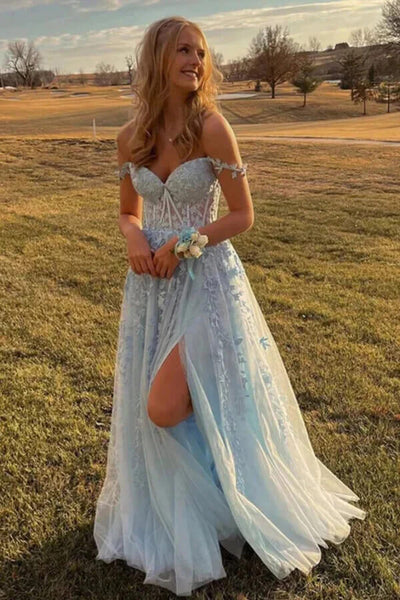 Light Blue A-line Tulle Off Shoulder Prom Dresses MP816