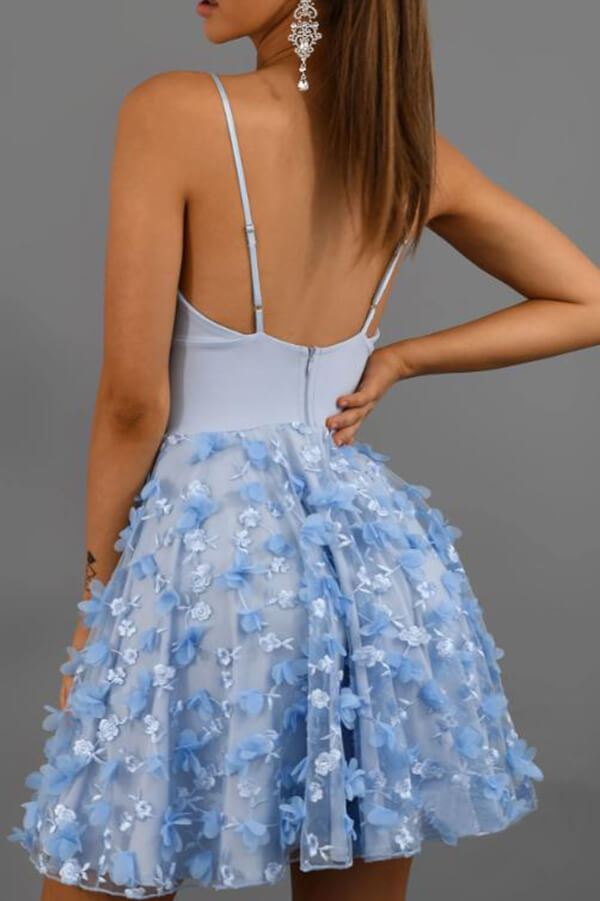 Light Blue A-line V-neck Spaghetti Straps Lace Flower Homecoming Dresses, MH580 | cheap homecoming dresses | school event dresses | graduation dress | musebridals.com