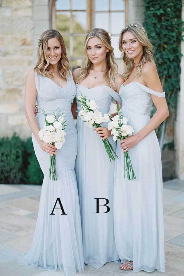 Light Blue Chiffon A-line Off-the-Shoulder Floor Length Bridesmaid Dresses, MBD179 Light Blue Chiffon A-line Off-the-Shoulder Floor Length Bridesmaid Dresses, MBD179