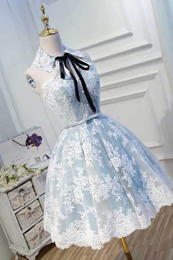 Light Blue Halter Lace Appliques Homecoming Dresses, Short Prom Dress, MH545 | tulle homecoming dress | short homecoming dress | short party dresses | www.musebridals.com