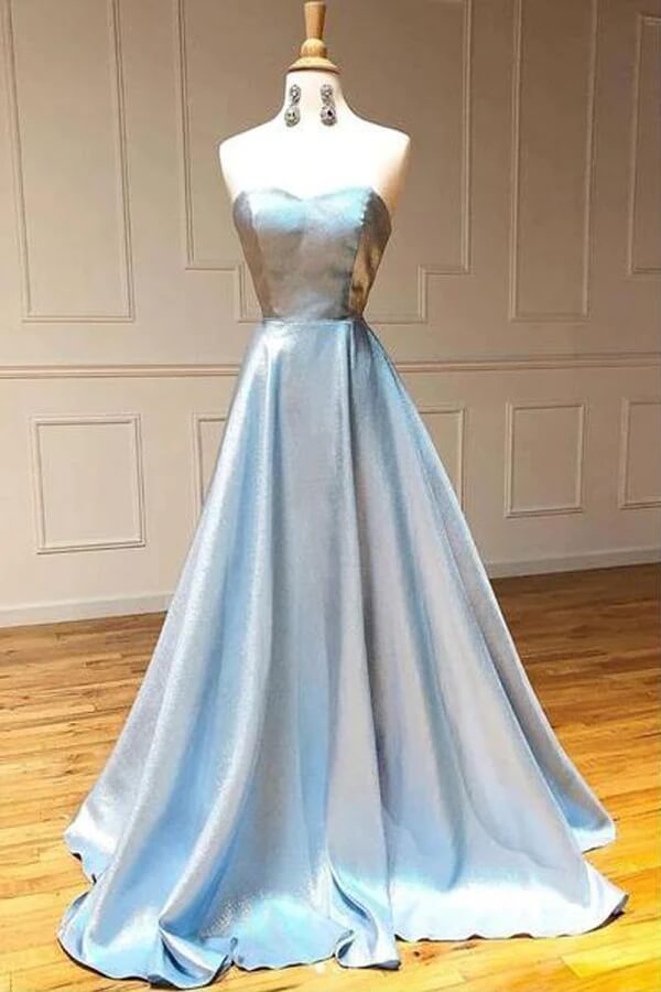 Light Blue Satin A-line Strapless Simple Prom Dresses, Long Formal Dress, MP788 | blue prom dresses | simple prom dresses | evening gown | musebridals.com