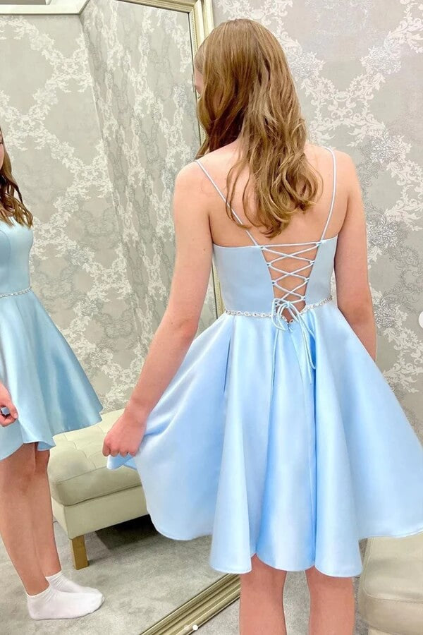 Light Blue Satin Cheap Homecoming Dresses, Beaded Short Party Dresses, MH562 | beaded homecoming dresses | short prom dresses | blue homecoming dresses | musebridals.com