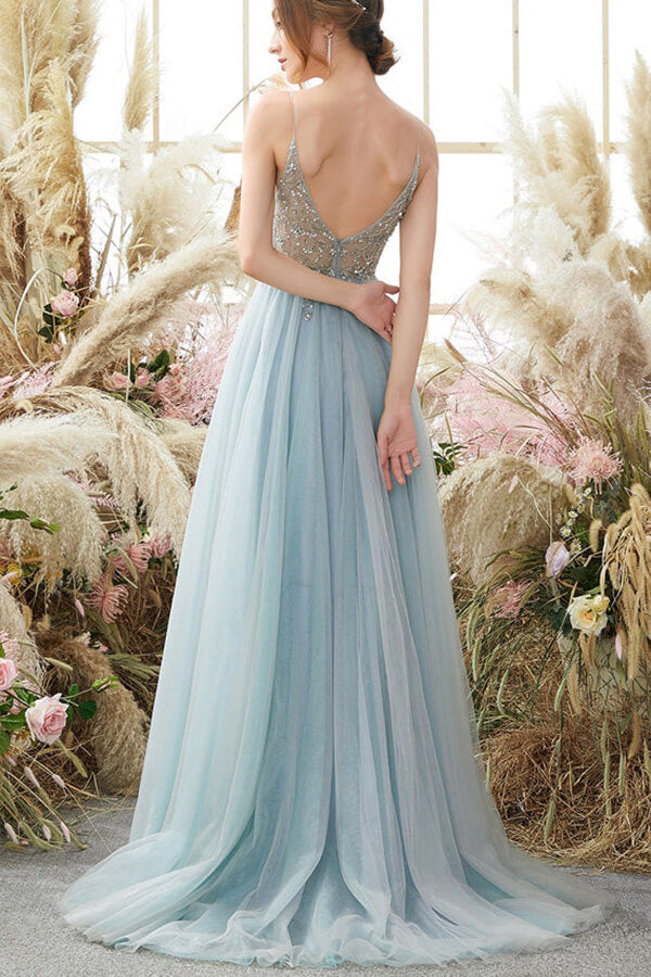 Light Blue Tulle A-line V-neck Spaghetti Straps Beaded Long Prom Dresses, MP658 | cheap long prom dresses | tulle prom dress | evening gown | www.musebridals.com