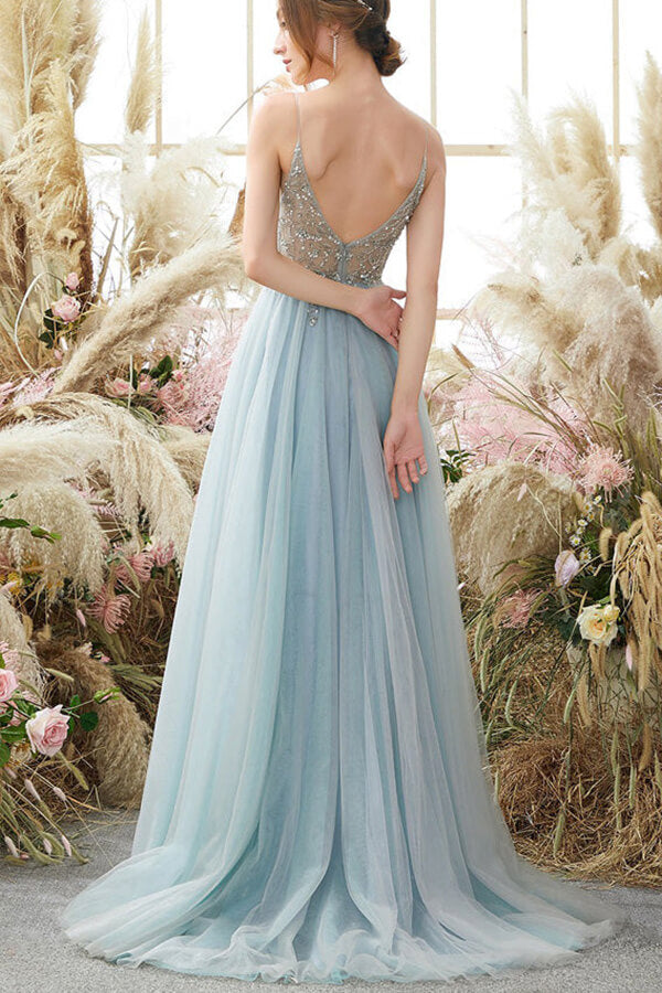 Light Blue Tulle A-line V-neck Beaded Prom Dresses MP658
