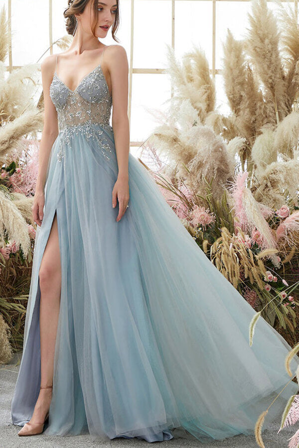 Light Blue Tulle A-line V-neck Spaghetti Straps Beaded Long Prom Dresses, MP658 | beaded prom dresses | light blue prom dress | a line prom dress | www.musebridals.com