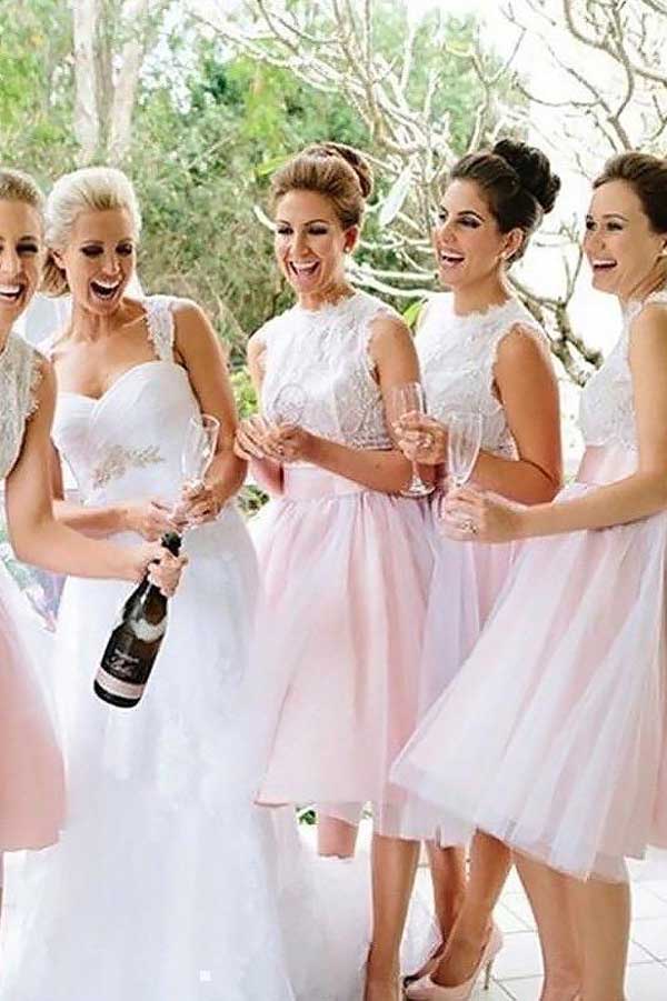 Light Pink Tulle Lace A-line Short Bridesmaid Dresses, Wedding Party Dress, MBD181 | budget bridesmaid dresses | lace bridesmaid dresses | short bridesmaid dresses | musebridals.com