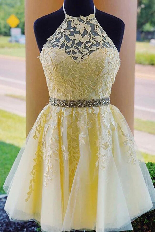 Light Yellow Lace Beaded A-line High Neck Homecoming Dresses, MH535 | cheap lace homecoming dresses | short prom dress | graduation dress | homecoming dresses | www.musebridals.com