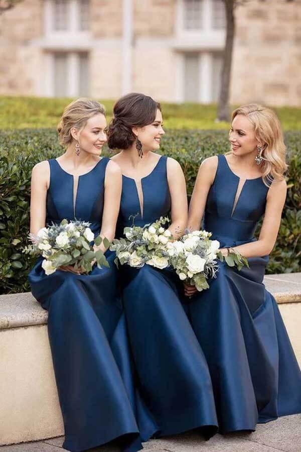 Navy Blue Satin A-line V-neck Bridesmaid Dresses, Wedding Party Dresses, MBD178 | cheap bridesmaid dresses | junior bridesmaid dresses | maid of honor's dresses | musebridals.com
