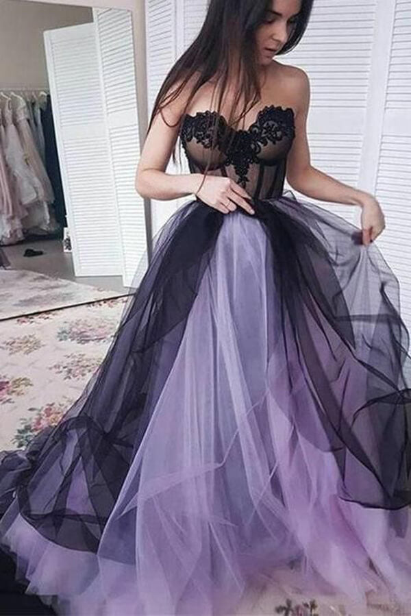 Lilac Black Tulle A-line Sweetheart Prom Dresses With Lace Appliques, MP730 | lace prom dresses | a line prom dress | evening dress | musebridals.com