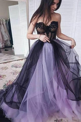 Lilac Black Tulle A-line Sweetheart Prom Dresses MP730