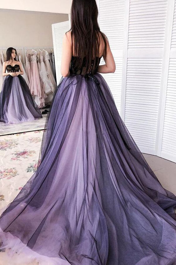 Lilac Black Tulle A-line Sweetheart Prom Dresses With Lace Appliques, MP730 | tulle prom dresses | cheap long prom dresses | long formal dresses | prom dress stores | musebridals.com