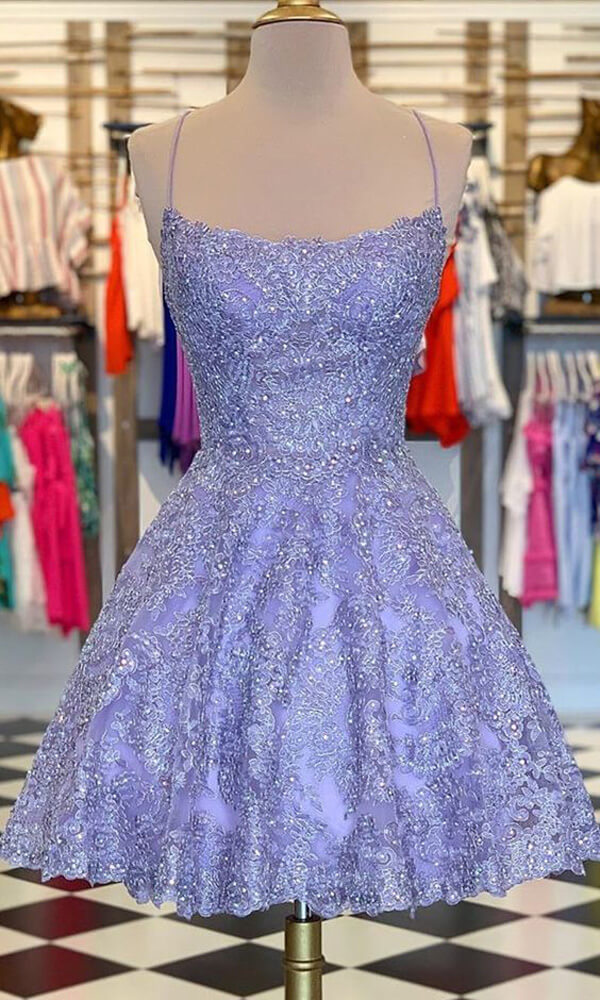 Lilac Lace Beaded A-line Spaghetti Straps Short Homecoming Dresses, MH529 | sweet 16 dress | school event dresses | graduation dresses | www.musebridals.com