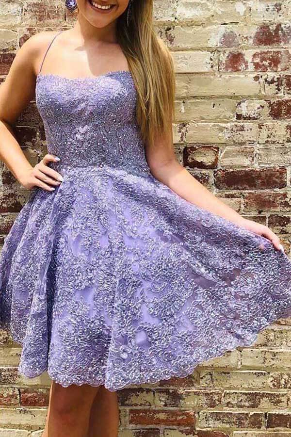 Lilac Lace Beaded A-line Spaghetti Straps Short Homecoming Dresses, MH529 | cheap lace homecoming dresses | a line homecoming dress | purple homecoming dress | www.musebridals.com