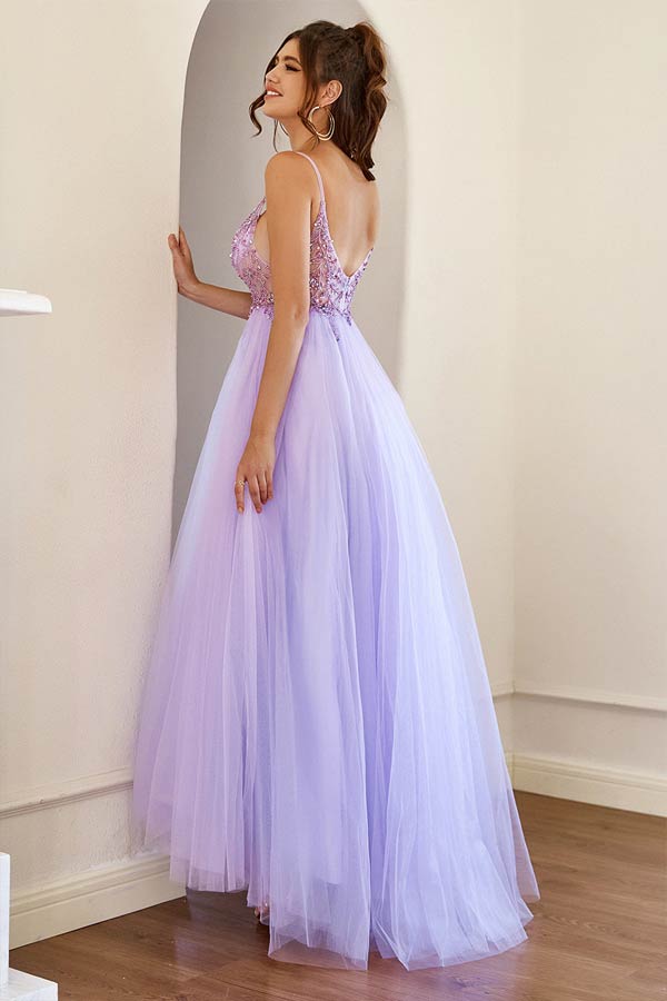 Lilac Tulle A-line Long Prom Dresses With Beading, Long Formal Dresses, MP701 | tulle prom dresses | purple prom dresses | floor length prom dresses | musebridals.com