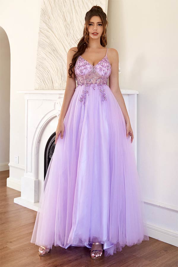 Lilac Tulle A-line Long Prom Dresses With Beading, Long Formal Dresses, MP701 | beaded prom dresses | a line prom dresses | cheap prom dresses | musebridals.com