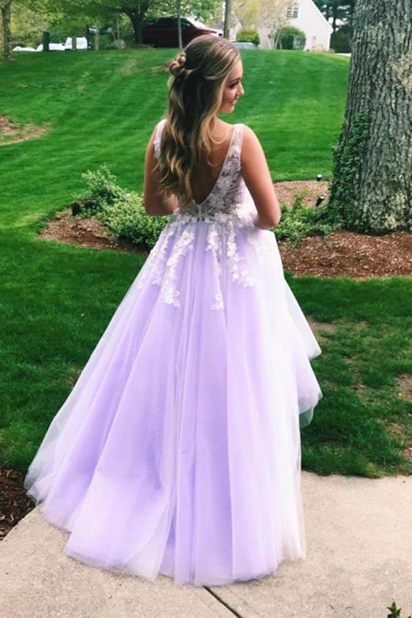 Lilac Tulle Lace A-line V-neck Open Back Prom Dresses, Long Formal Dress, MP688 | a line lace prom dresses | prom dresses long | evening dresses | www.musebridals.com
