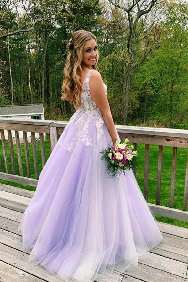 Lilac Tulle Lace A-line V-neck Open Back Prom Dresses, Long Formal Dress, MP688 | cheap prom dresses | lace prom dresses | party dresses | www.musebridals.com