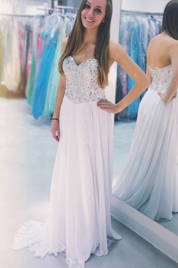 White Sweetheart Beaded Strapless Chiffon A-Line Long Prom Dresses, MP403