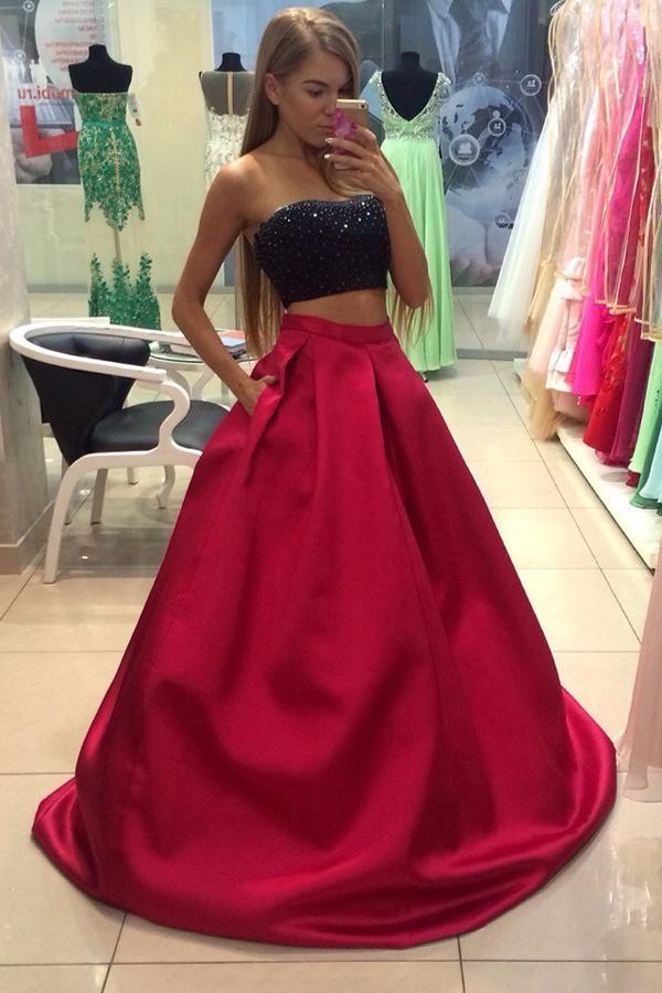 Red Two Pieces Satin A-Line Long Prom Dresses with Beading, MP376