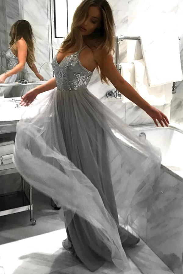 Light Grey A-line Backless Spaghetti Straps Lace Tulle Long Prom Dresses, MP269