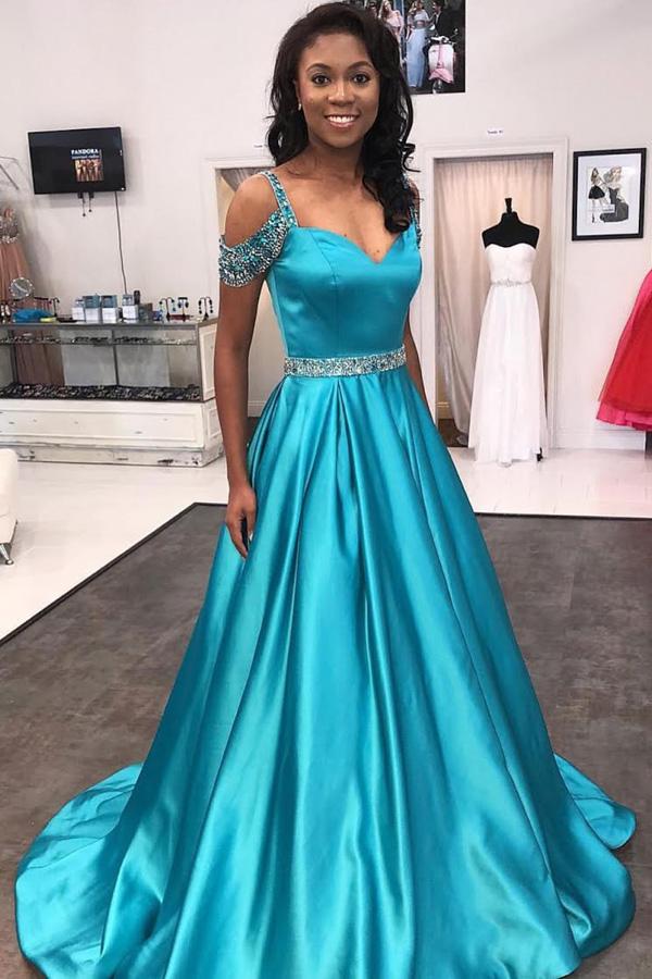 Blue A Line Beaded Cap Sleeves Satin Long Prom Dresses with Sweep Train, MP132