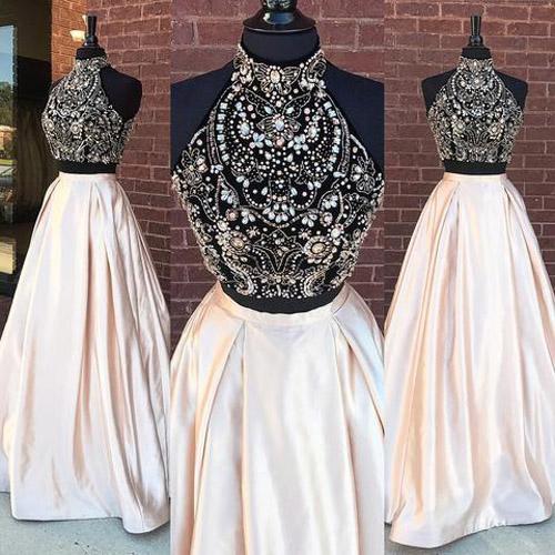 Elegant Two Piece Beaded High Neck Long Prom Dresses, Cheap Evening Dress, MP204 at musebridals.com