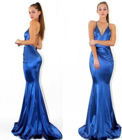 New Arrival Royal Blue Simple V neck Mermaid Spaghetti Straps Prom Dresses, MP373