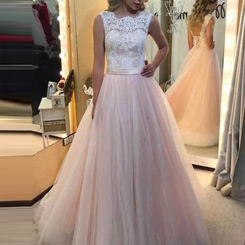 musebridals.com offer Cheap Pink Tulle A Line White Lace Lace Back Up Long Prom Dresses online, MP412