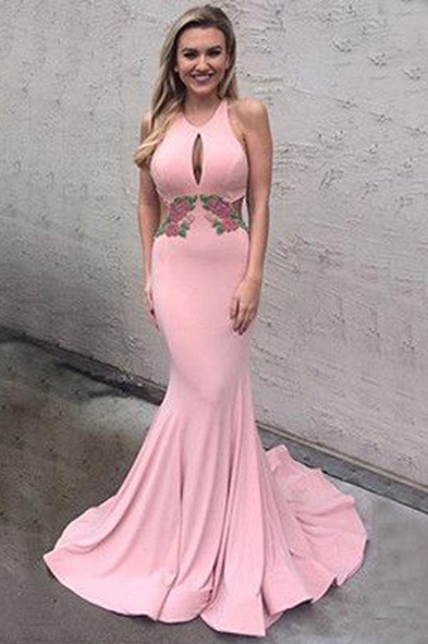 Pink Open Back Halter Memaid Cheap Backless Long Prom Dresses, MP333