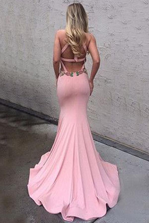 Pink Open Back Halter Memaid Cheap Backless Long Prom Dresses, MP333 Musebridals Pink Open Back Halter Memaid Cheap Backless Long Prom Dresses, MP333 Musebridals