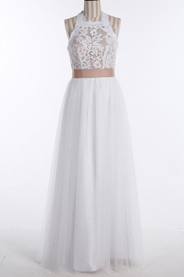 Simple Tulle Jewel Lace Top Sleeveless Floor-Length Wedding Dresses, MW213
