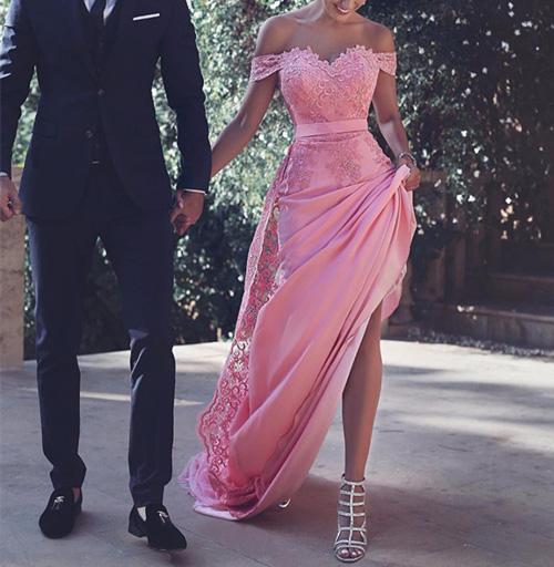 Pink Satin Off Shoulder Cap Sleeves Long Prom Dresses With Appliques, MP337|musebridals.com