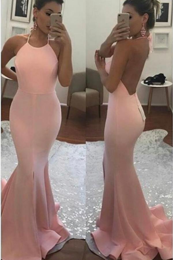 Pink Open Back Halter Mermaid Spaghetti Straps Prom Dresses with Train, MP334