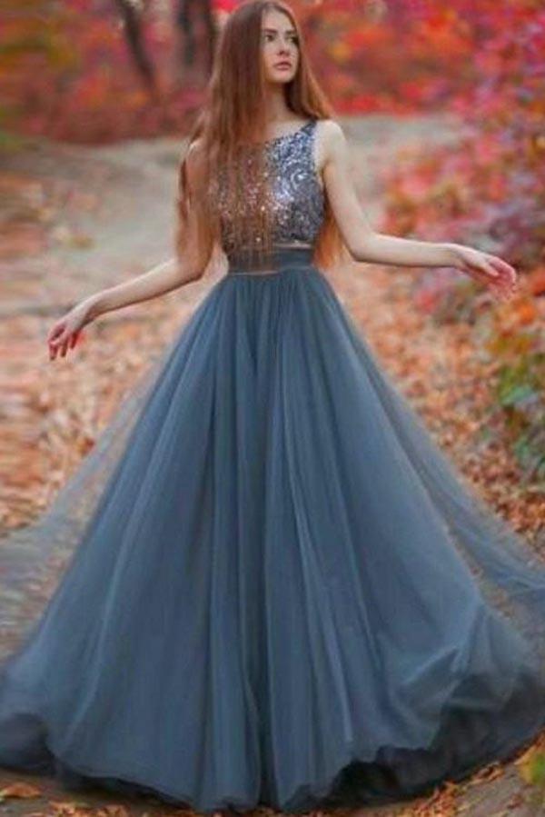 Grey Tulle A-line Backless Long Prom Dresses, New Arrival Evening Dress, MP249