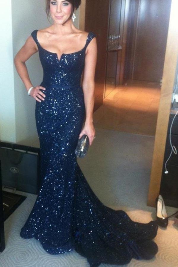 Fabulous Blue Sequined Mermaid Straps Long Prom Dresses with Sweep Train, MP142