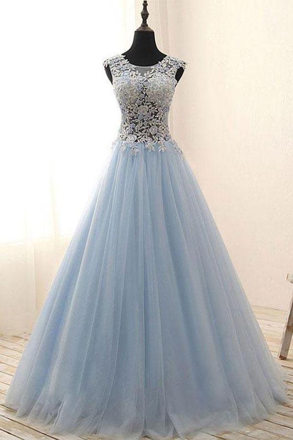 Light Blue A-line Tulle See Through Lace Long Prom Dresses With Appliques, MP379