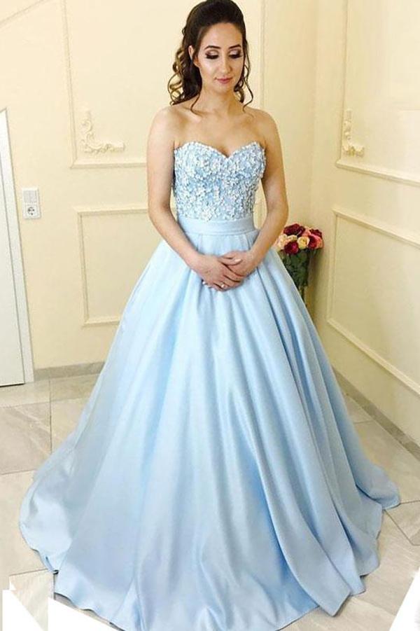 Blue Sweetheart Neck Strapless Satin A-line Princess Long Prom Dresses, MP144